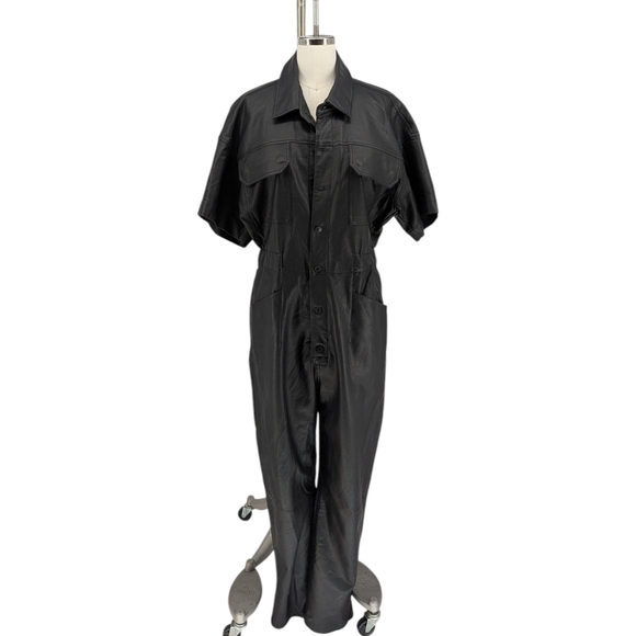 00794 NEW Free People Faux Leather Jumpsuit Black size Large bohemian punk goth